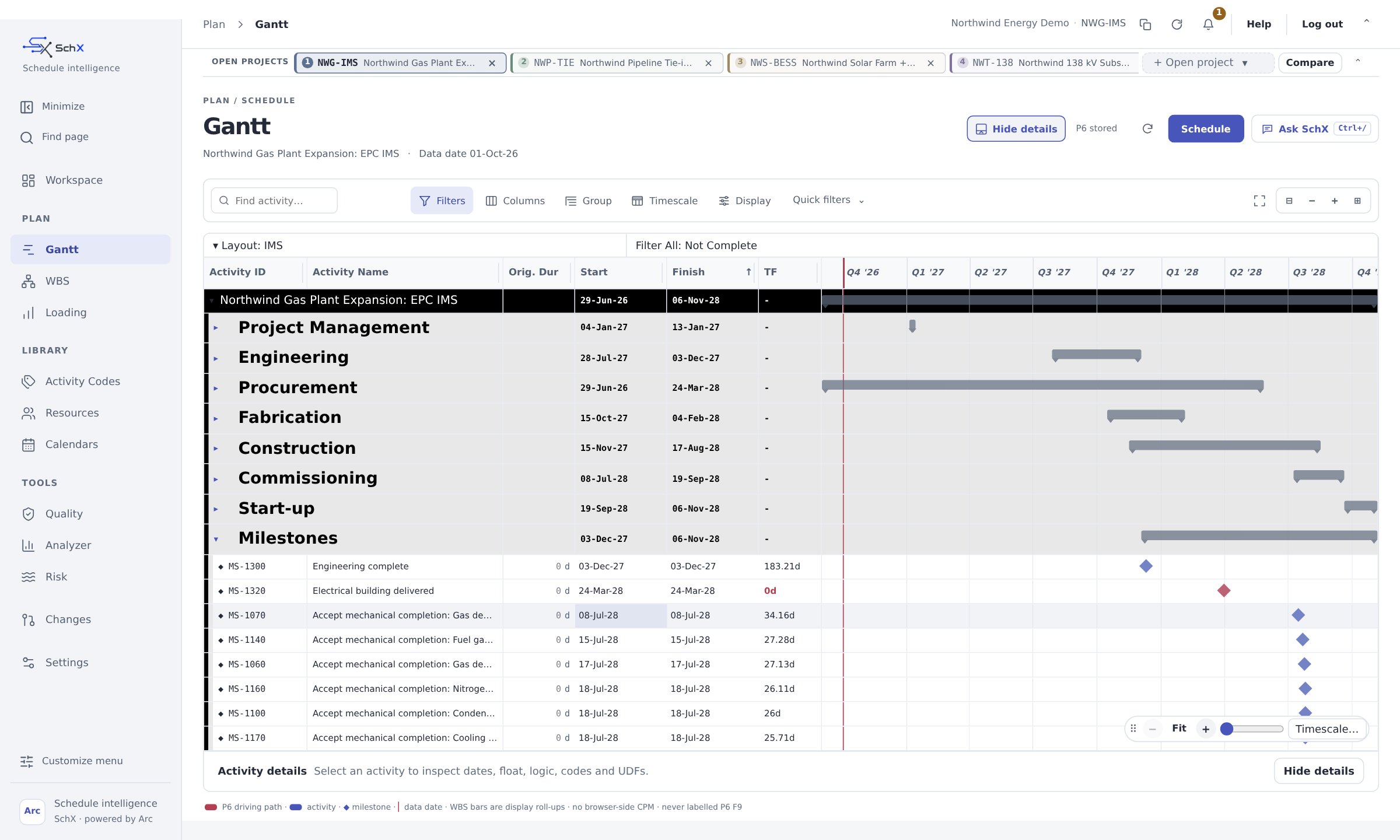 SchX Gantt view of a fictional gas plant EPC schedule