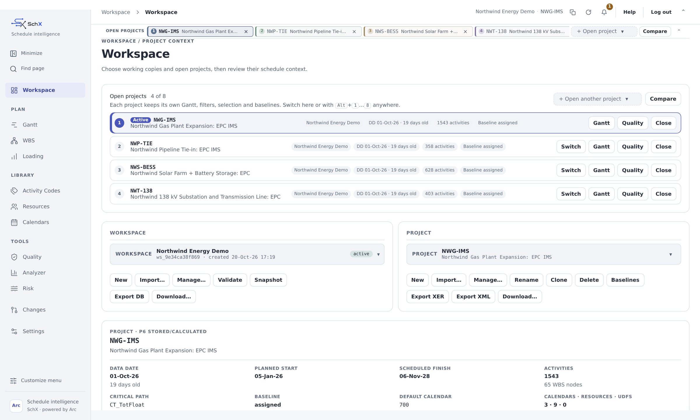 SchX Workspace with four fictional EPC projects
